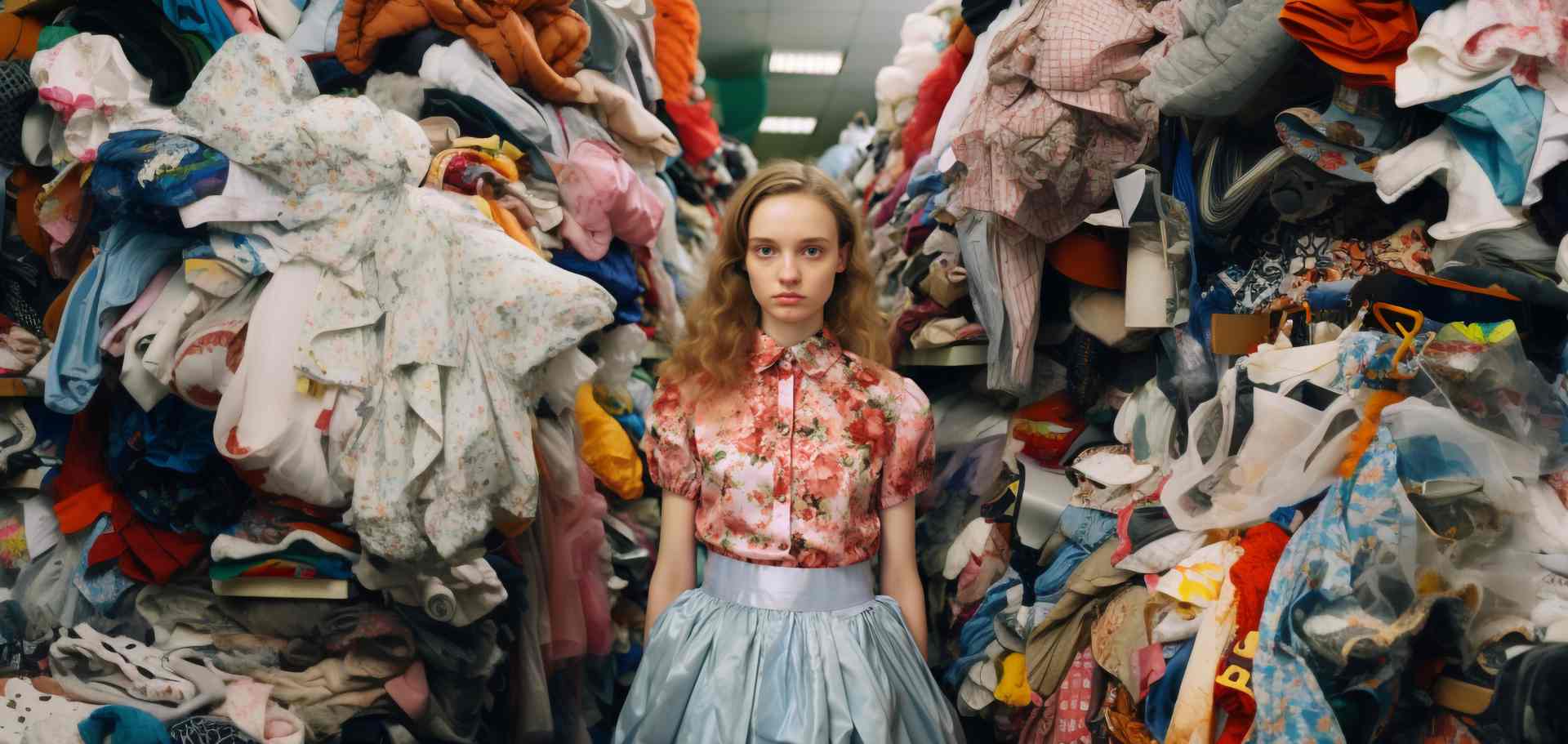 mujer vesitda a la moda entre montañas de ropa