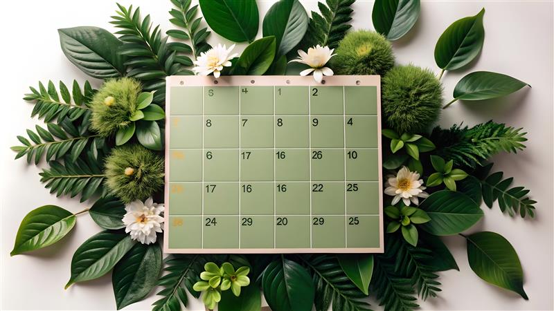 página de un calendario rodeado de vegetación
