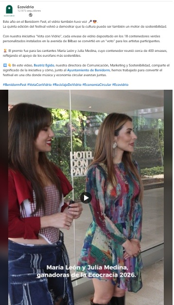 Publicación de Ecovidrio en LinkedIn sobre el Benidorm Fest