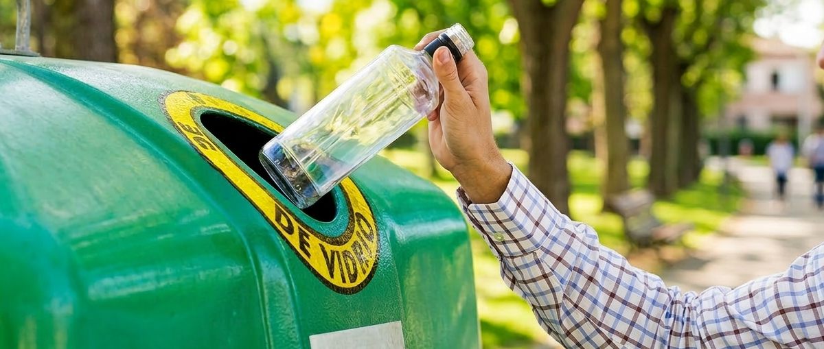 persona tirando botella de vidrio a contenedor ecovidrio